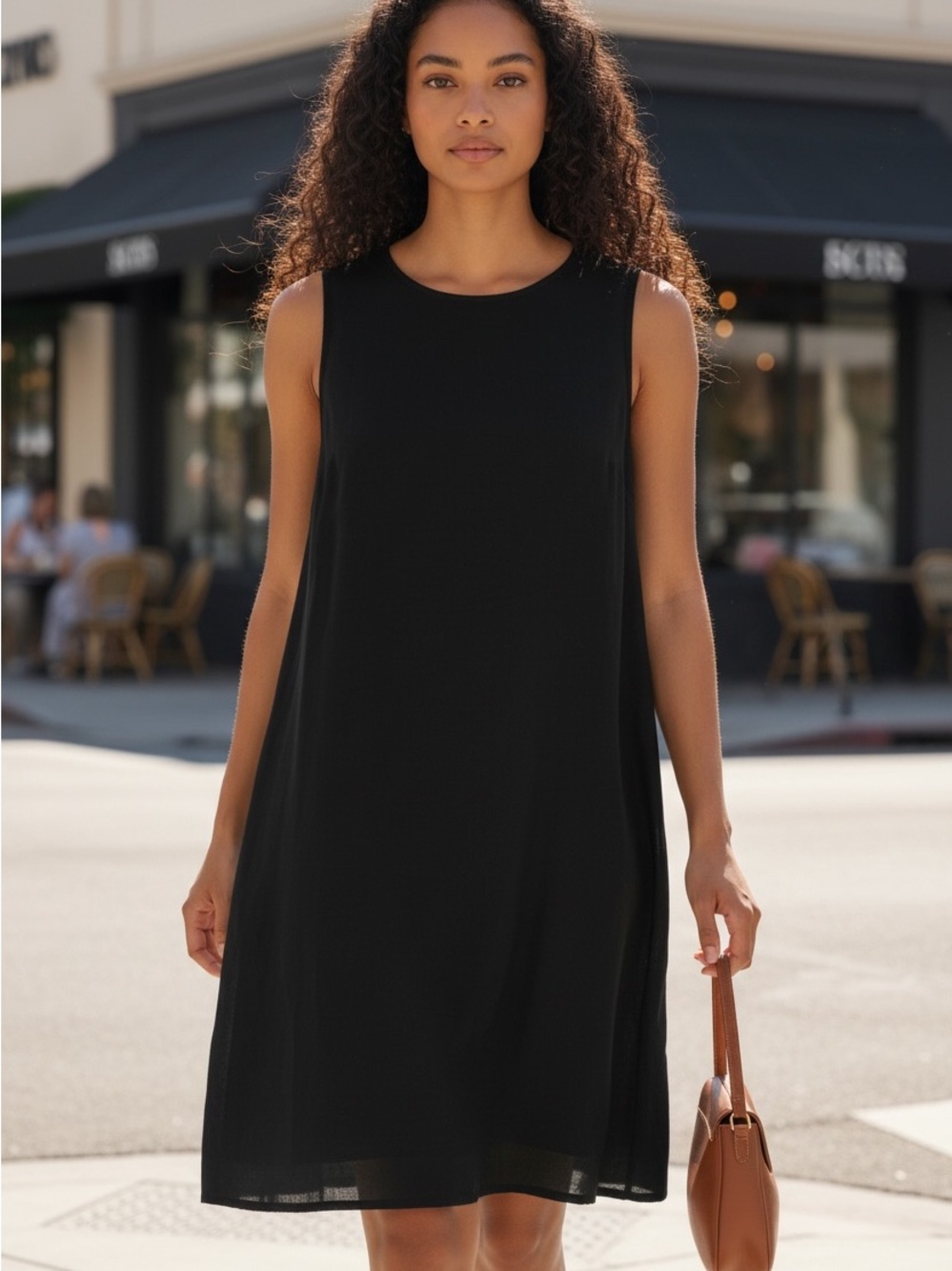 Eileen Fisher Black Sleeveless Linen A-Line Dress
